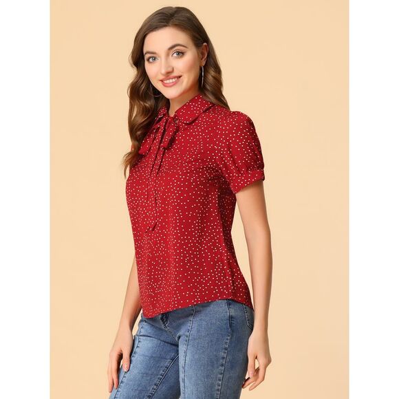 Dots Blouses Bow Tie Peter Pan Collar Chiffon Blouse Red - Picture 4 of 6